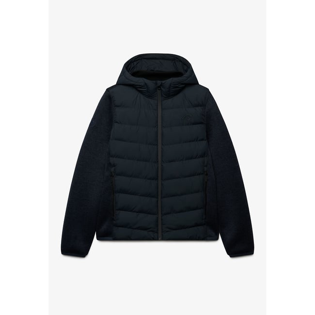 Veste hybride, en maille, à capuche bleu marine <span itemprop=