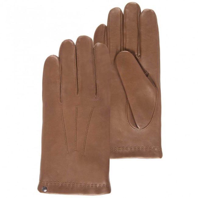Gants en cuir d'agneau pleine fleur, doublés cachemire et soie beige caramel <span itemprop=
