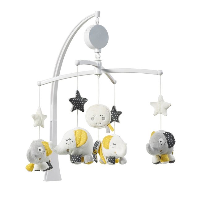 Mobile musical bébé Eléphant en coton gris <span itemprop=
