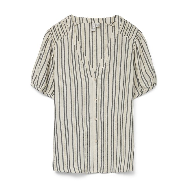Blusa de rayas con cuello de pico crudo/negro <span itemprop=