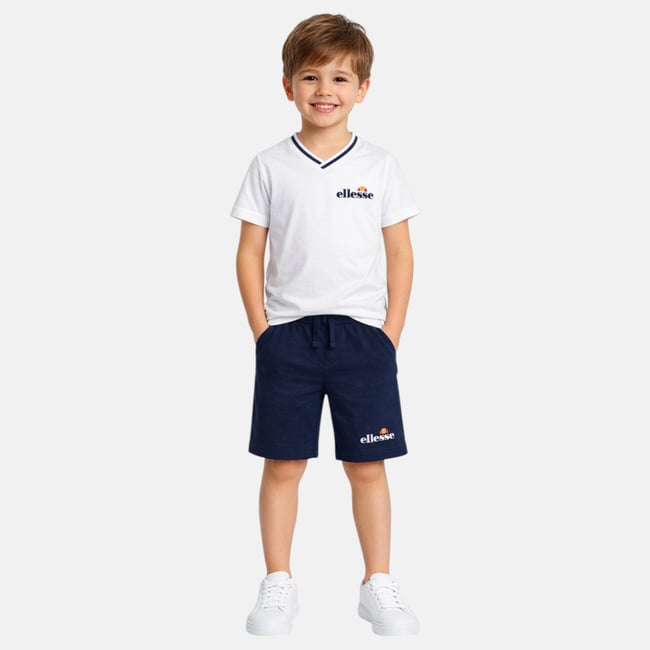 Ensemble t-shirt col V et short BLOCK PARTY bleu marine <span itemprop=