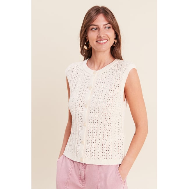 Gilet ajouré droit court col rond ecru <span itemprop=