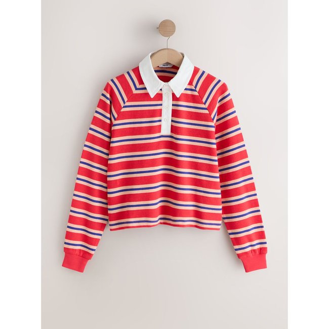 Polo de rugby avec col et manches longues rayures rouges et bleues <span itemprop=