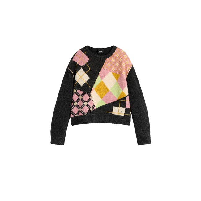 Pull jacquard à losanges marron <span itemprop=