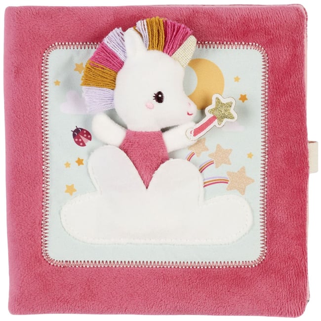 Livre d'activités en tissu rose, blanc, jaune <span itemprop=
