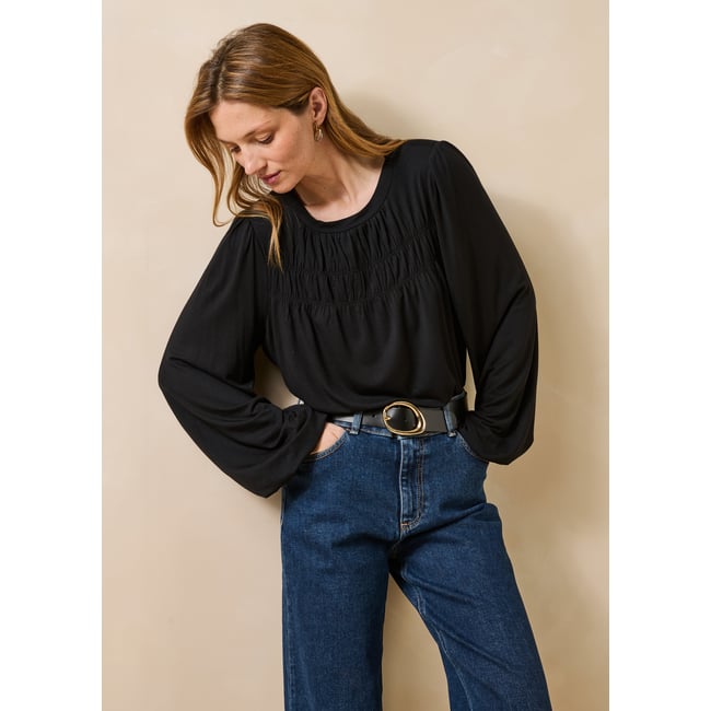 T-shirt fluide en modal manches longues noir <span itemprop=