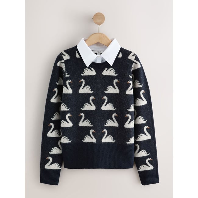 Pull imprimé à col superposé avec laine cygne bleu marine/blanc <span itemprop=