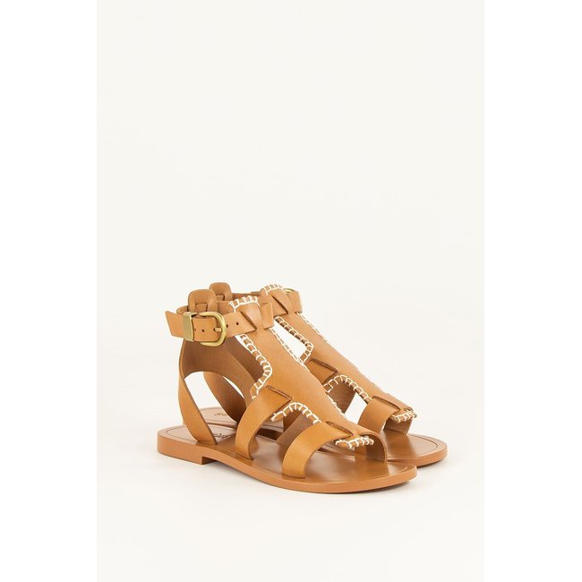Leather Flat Sandals, camel, SESSUN
