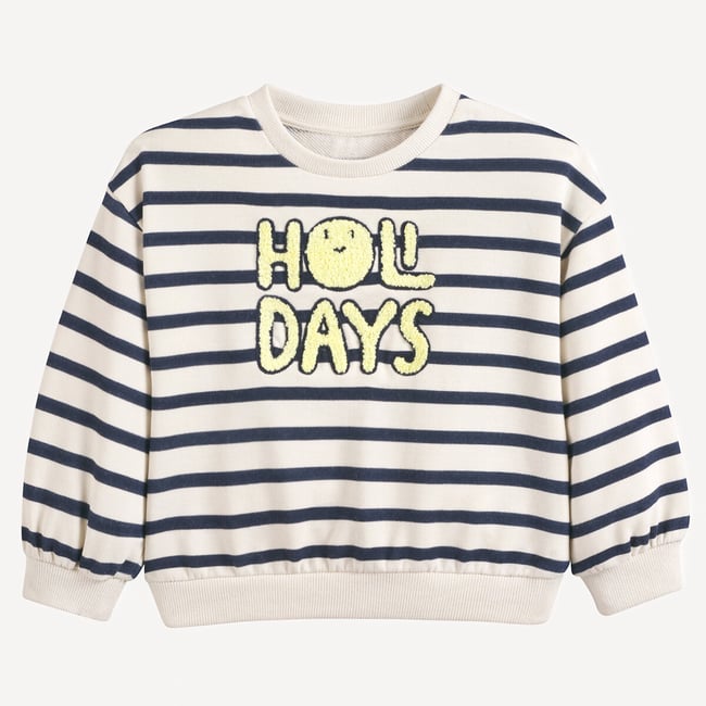Sweat col rond rayé en molleton, texte bouclette  ecru rayé <span itemprop=