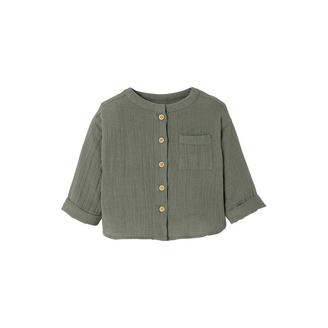 Chemise col mao en gaze de coton vert foncé <span itemprop=