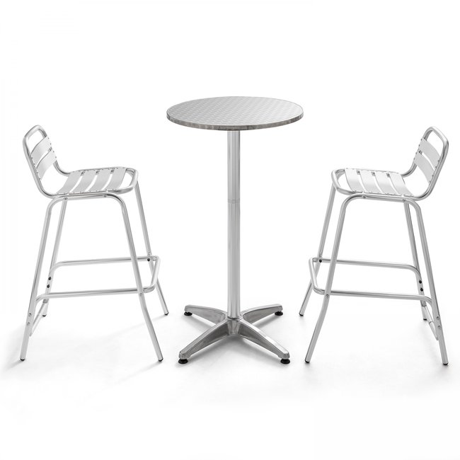 Table de bar en aluminium et 2 tabourets, BRIXTON gris <span itemprop=