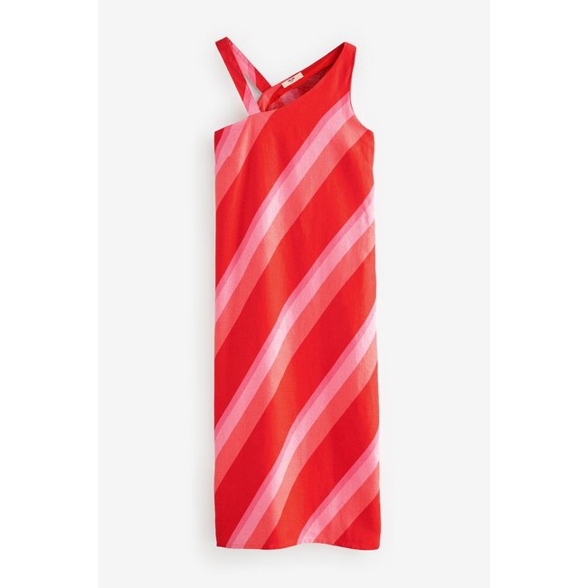 Robe longue asymétrique sans manches rouge/rose rayé <span itemprop=