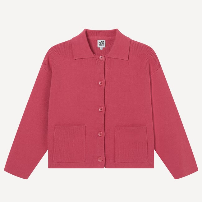 Gilet col polo, en fine maille rose <span itemprop=