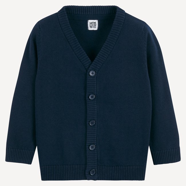 Gilet col V, en fine maille pur coton bleu marine <span itemprop=
