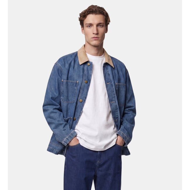 Veste droite torkim col velours coton denim bleu jean <span itemprop=