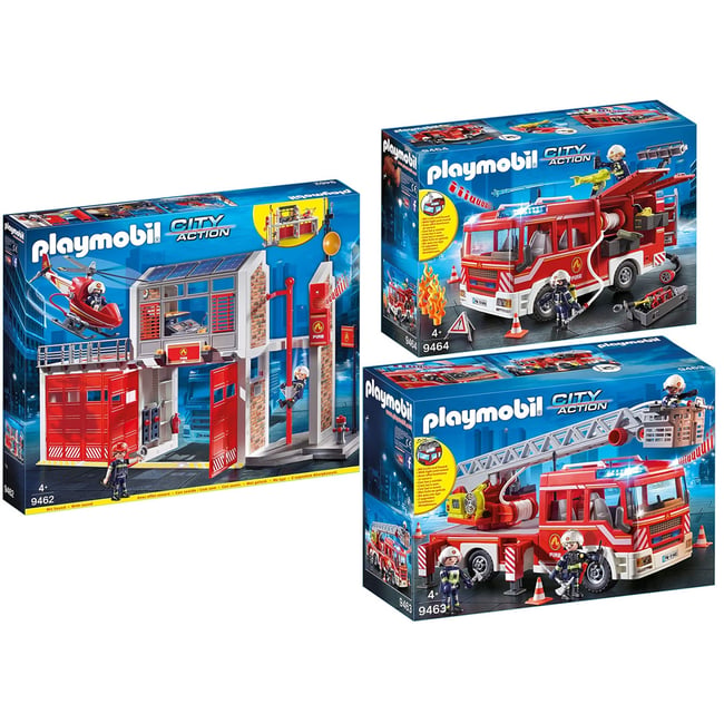 Set de 3 : caserne de pompiers + camion à échelle + véhicule de secours multicolore <span itemprop=