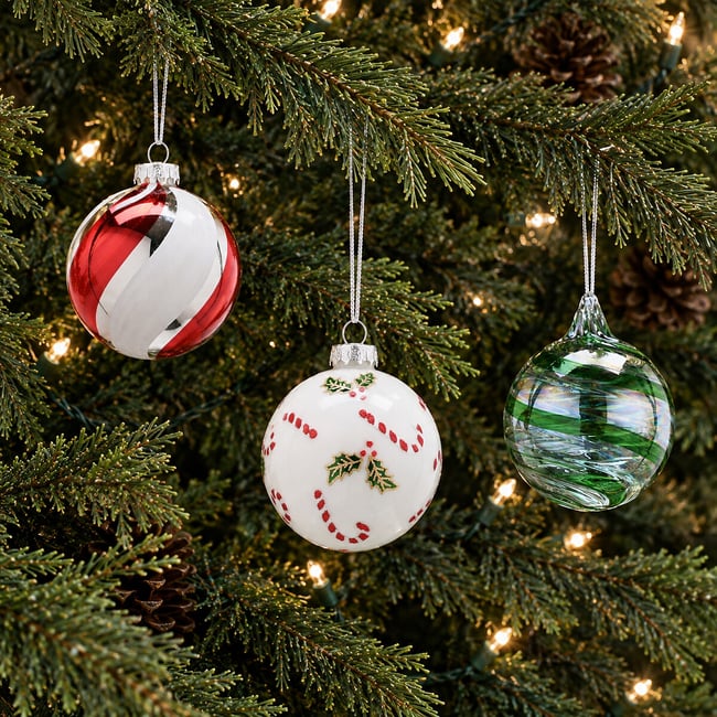 Set of 3 Candy Cane Stripe Baubles, red, SO'HOME