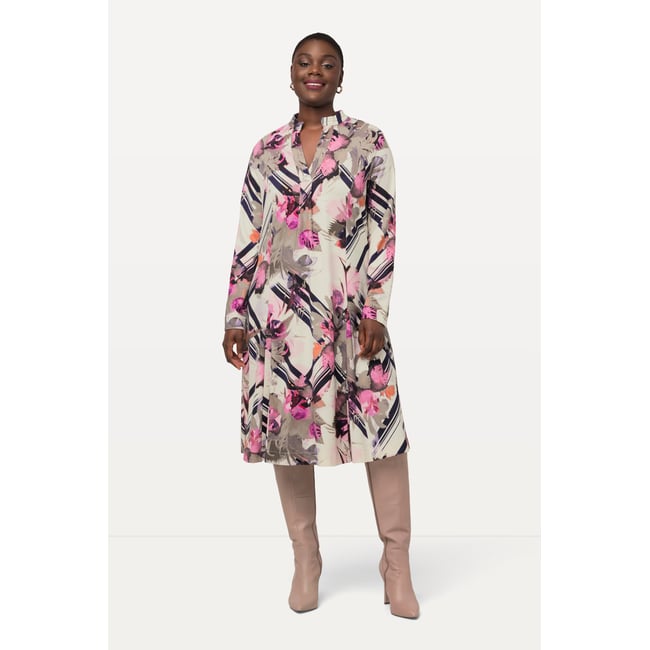 Robe midi à manches longues, col tunisien violet bordeaux <span itemprop=