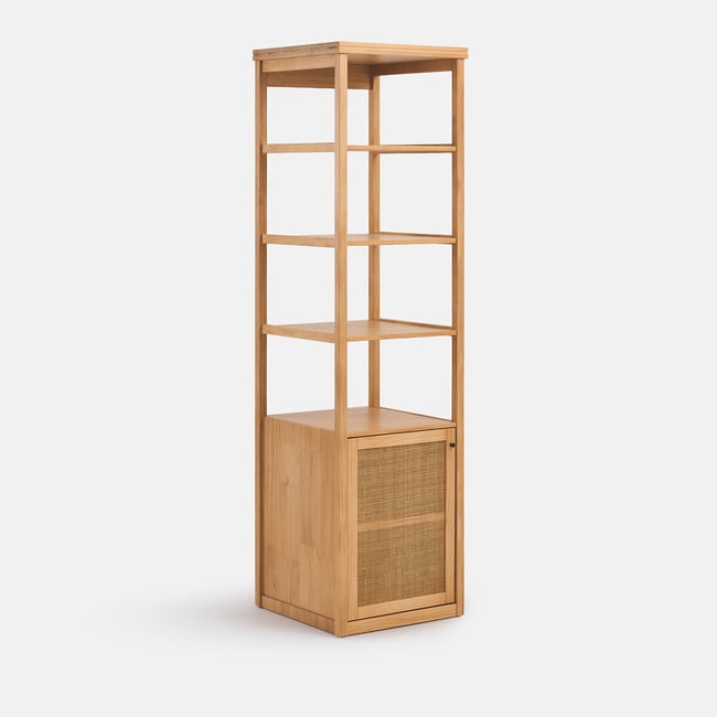 Module de dressing, 1 porte, 3 étagères, en pin massif et cannage, GABIN Couleur naturel <span itemprop=