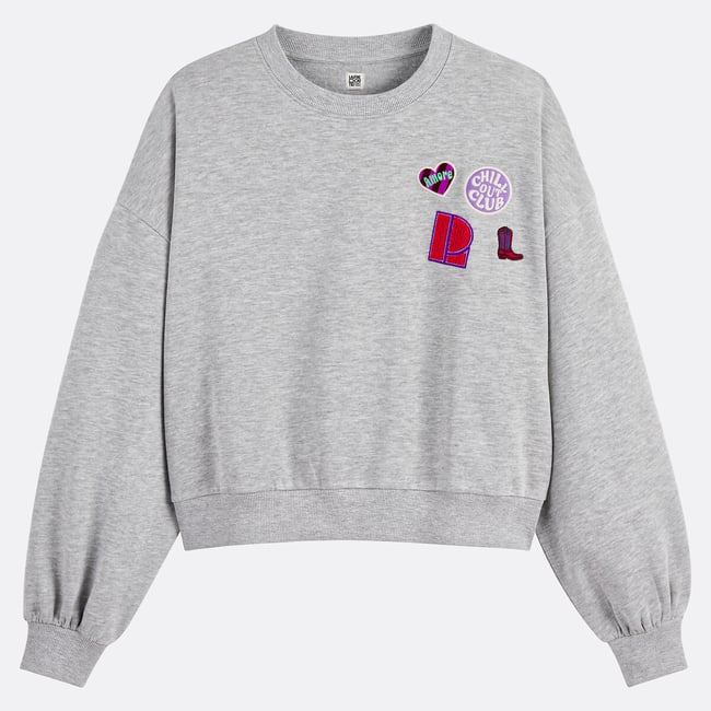 Sweat avec patchs, col rond, manches longues gris chiné <span itemprop=