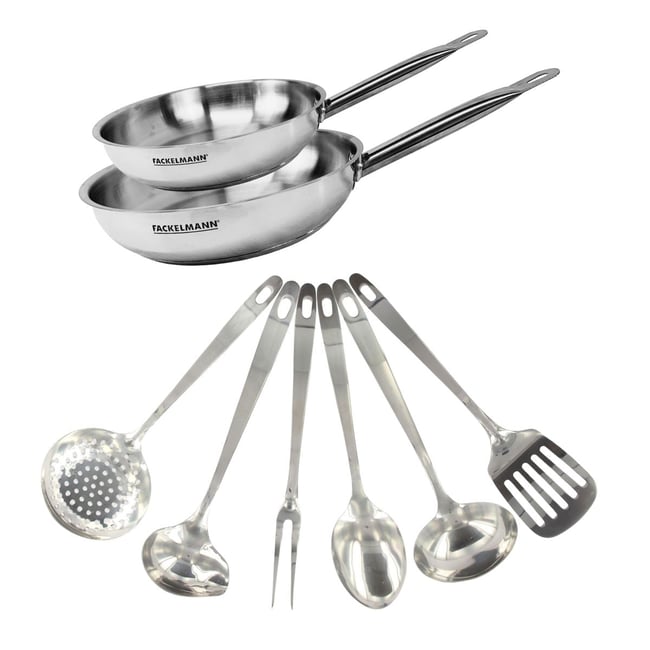Set de 2 poêles de 24 et en inox et 6 ustensiles inox ETERNA inox <span itemprop=