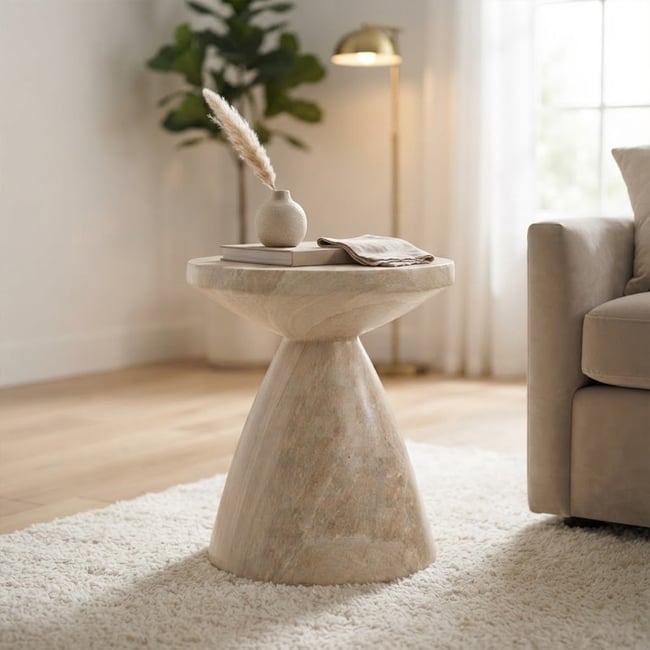 Table d'appoint ronde ø45cm - Effet travertin - SABBIA Couleur grège <span itemprop=