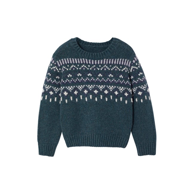 Pull jacquard col rond vert <span itemprop=