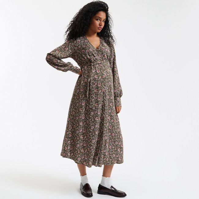 Floral Print Maternity Dress, printed flower khaki background, LA REDOUTE COLLECTIONS