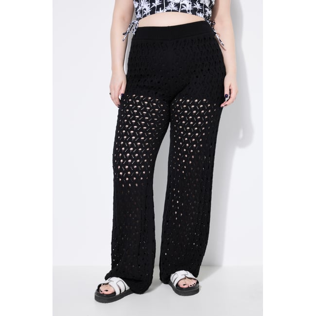 Pantalon jambe droite, maille ajourée noir <span itemprop=