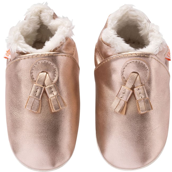 Chaussons cuir souple fourrés à pampilles rose <span itemprop=