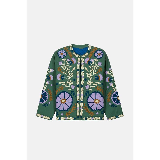 Veste brodée col rond manches longues, NELIE vert <span itemprop=