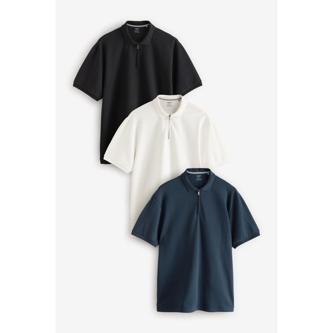Polo texturé manches courtes à zip, lot de 3 noir/blanc/marine <span itemprop=