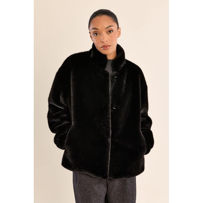 Manteau en tissu duveteux, col montant noir <span itemprop=
