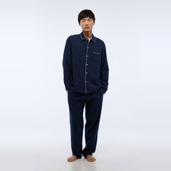 Pyjama chemise manches longues et pantalon gratté en coton GOTS à rayures marine <span itemprop=