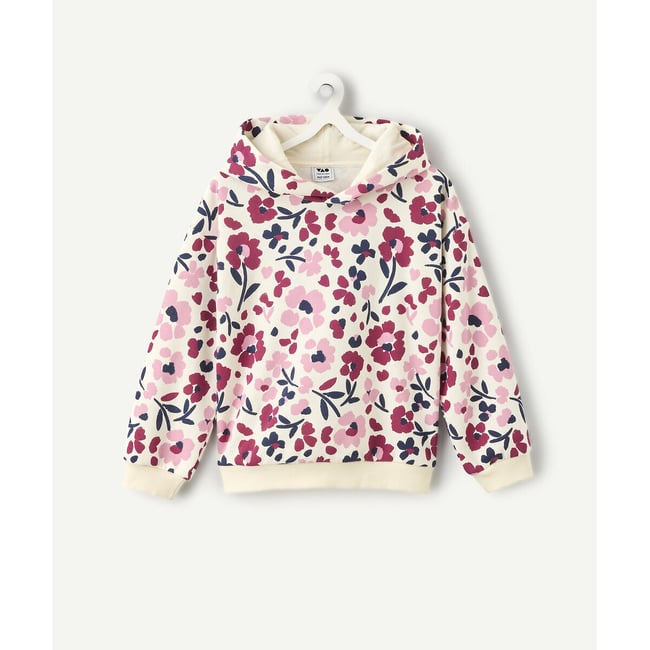 Sweat à capuche, imprimé fleuri, en molleton imprimé fleuri fond  blanc <span itemprop=