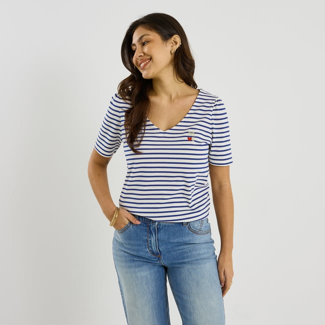 T-shirt rayé col V avec broderie bleu marine <span itemprop=