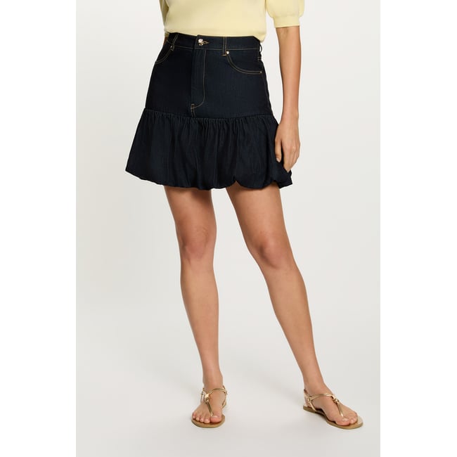 Jupe boule en jean bleu <span itemprop=