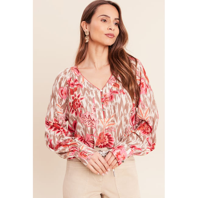 Blouse col v manches longues rose <span itemprop=