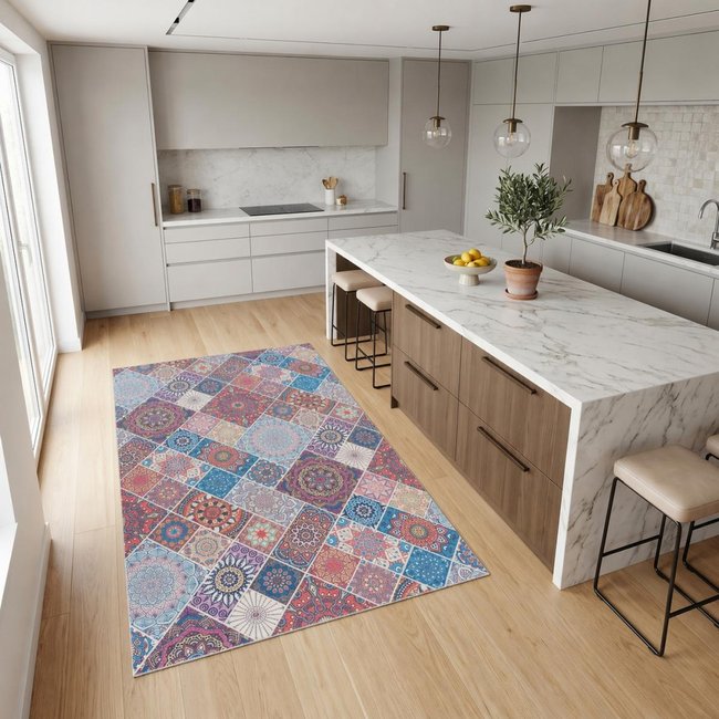 Tapis kilim à motif géométrique authentique, LYN11 BOHEME Couleur bleu, rouge, multicolore <span itemprop=