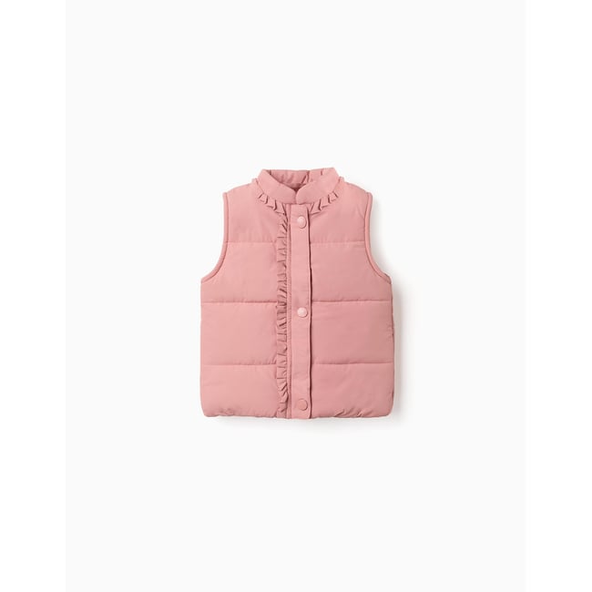 Doudoune sans manches avec doublure en polaire et volants rose <span itemprop=