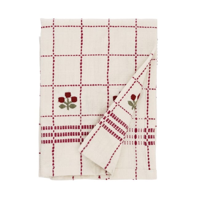 Torchon de cuisine coton brodé fleurs rouge <span itemprop=