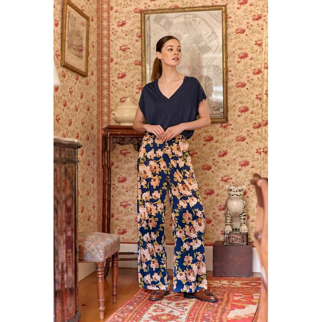 Pantalon fluide large taille élastique, imprimé fl  imprimé bleu/rose <span itemprop=