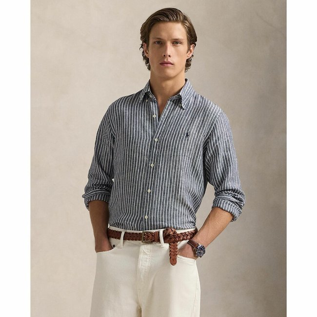 Camisa de lino ajustada azul marino <span itemprop=