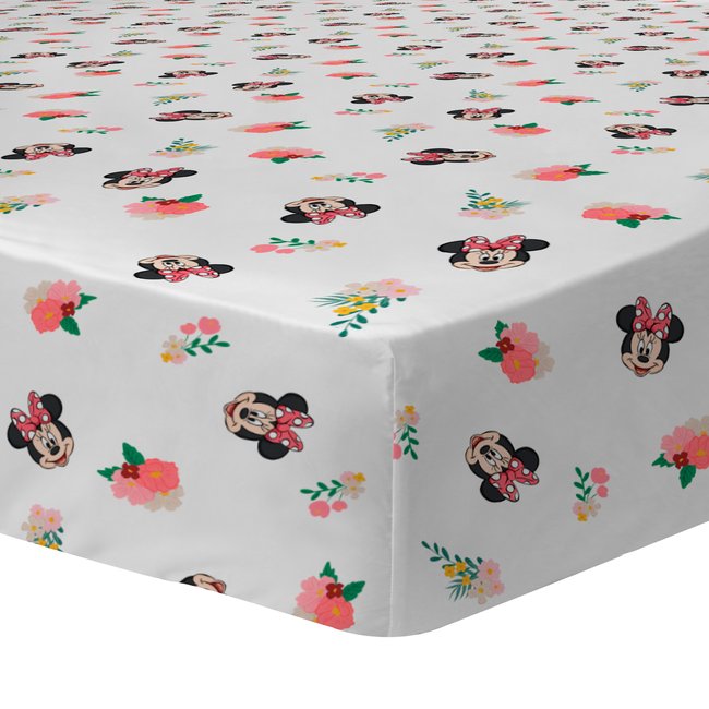 Drap-housse imprimé 100% coton, FLOWER blanc <span itemprop=