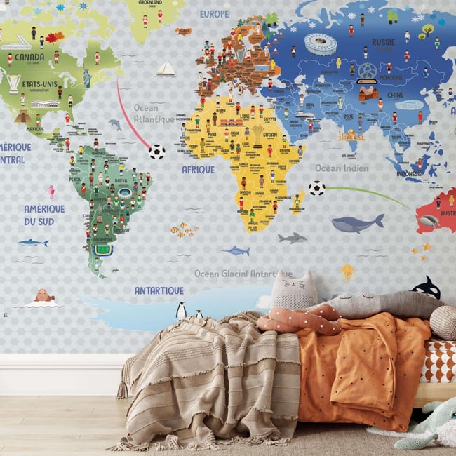 Papier peint pour enfant avec une carte du monde football - 340x260 cm (l x h) - LA TOUCHE ORIGINALE