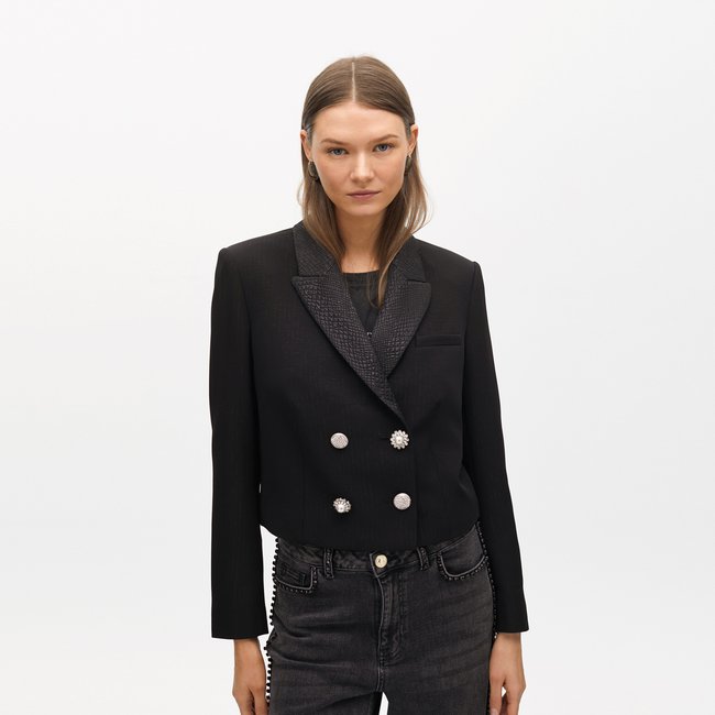 Blazer croppé rayé à double boutonnage noir <span itemprop=