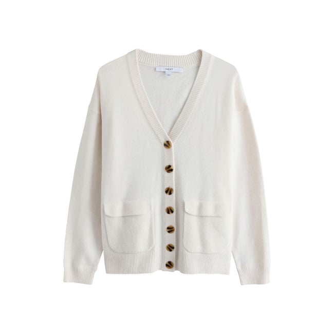 Cardigan mi-long ultra-doux à col v écru <span itemprop=