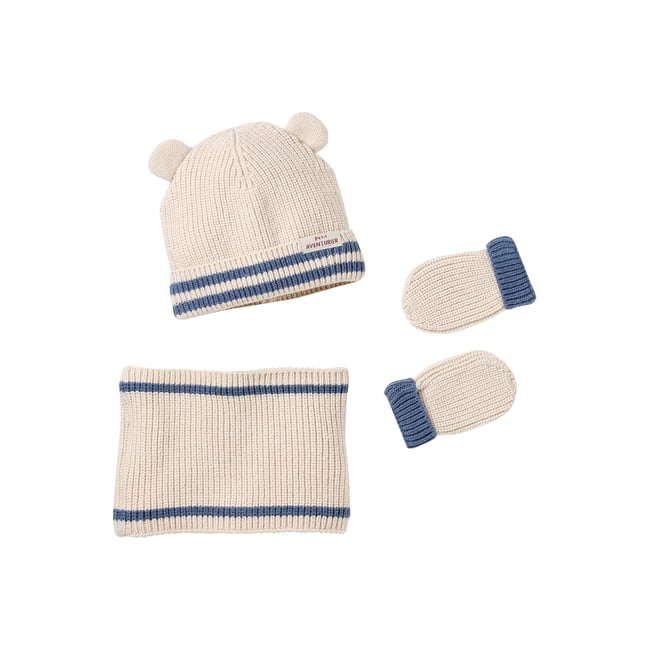 Ensemble tricot bonnet, snood et moufles écru <span itemprop=