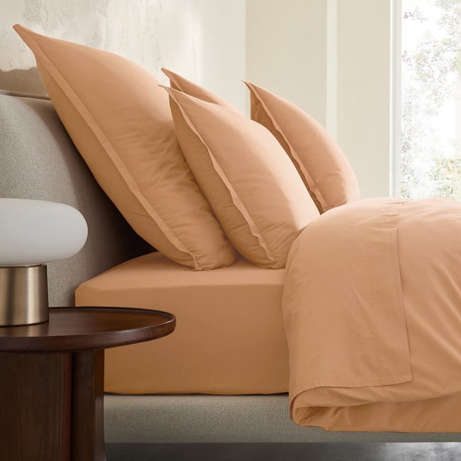 Taie d'oreiller en percale de coton lavé 120 fils, SABBAL pêche givrée <span itemprop=