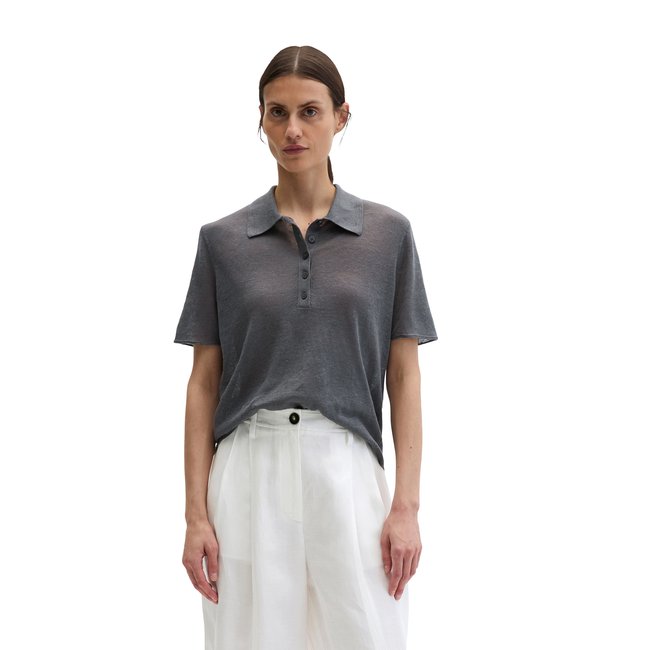 Polo en tricot régulier en pur lin gris foncé <span itemprop=